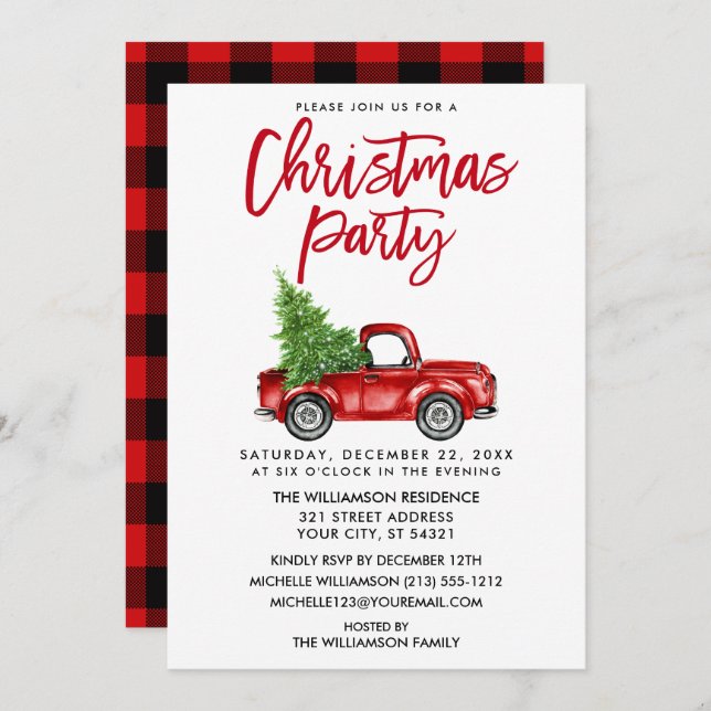 Brush Script Red Plaid Truck Christmas Party Invitation (Front/Back)