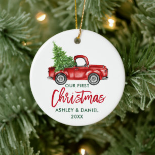 Brush Script Red Truck First Christmas Ceramic Ornament