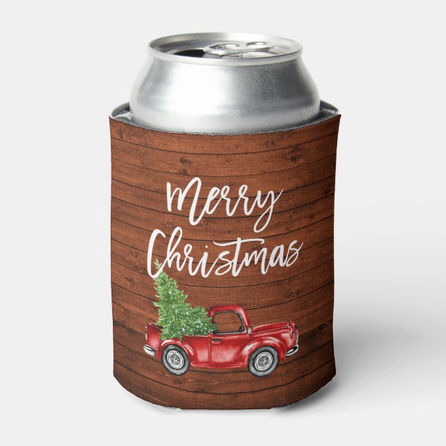 Brush Script Red Truck Rustic Wood Christmas Can Cooler (Can Front)