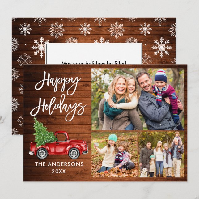 Brush Script Red Truck Wood Snowflakes 3 Photo Holiday Card (Front/Back)