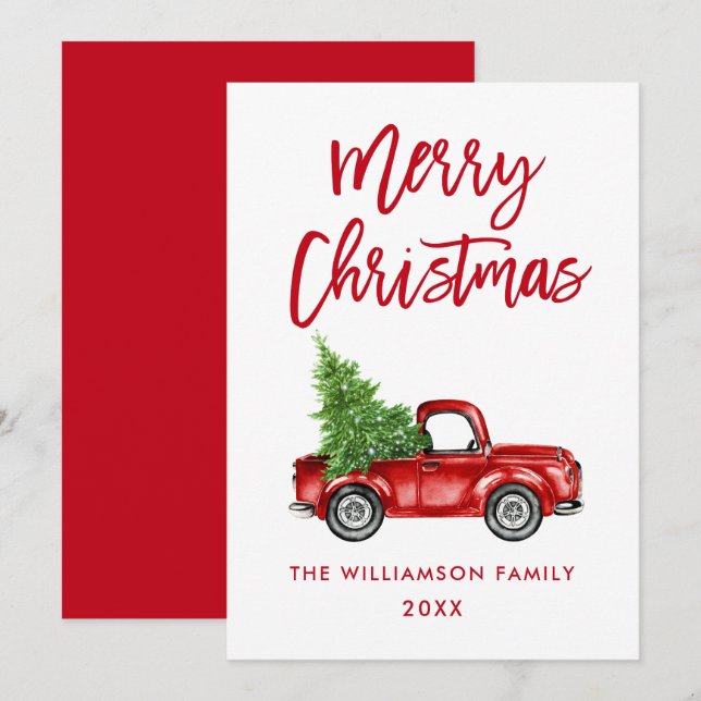 Brush Script Red Vintage Truck Christmas Card (Front/Back)
