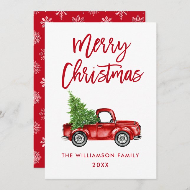 Brush Script Red Vintage Truck Christmas Card SB (Front/Back)