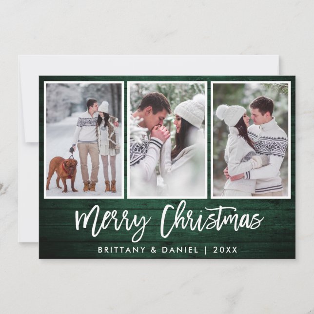 Brush Script Rustic Green Wood Christmas 3 Photo Holiday Card (Front)