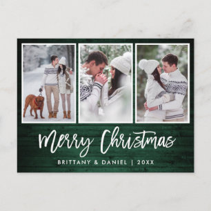 Brush Script Rustic Green Wood Christmas 3 Photo Postcard