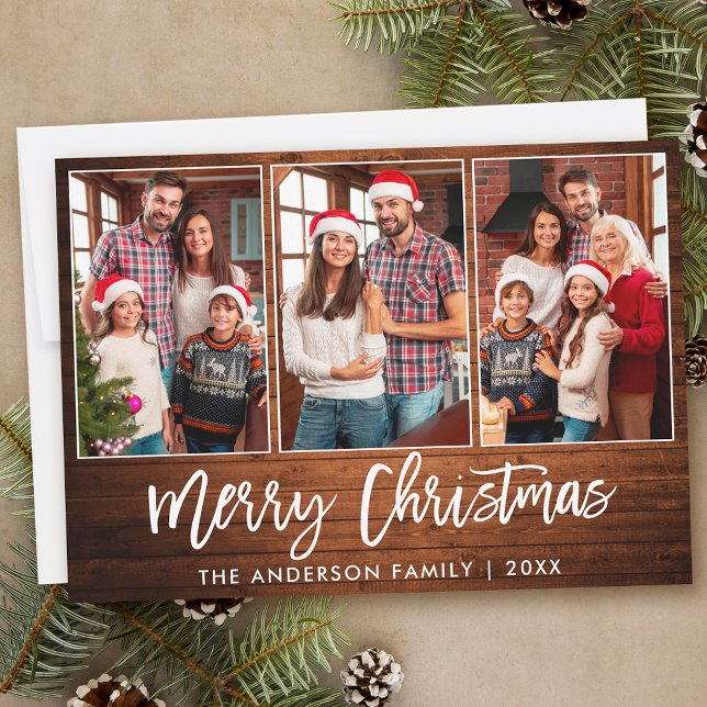 Brush Script Rustic Wood 3 Photo Christmas Holiday Card (Customize to add text to back of card.)