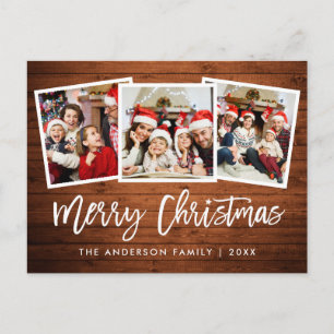 Brush Script Rustic Wood 3 Photo Christmas Star Postcard