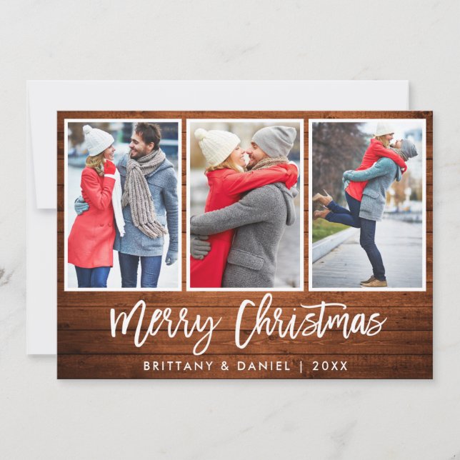 Brush Script Rustic Wood Christmas 3 Photo Holiday Card (Front)