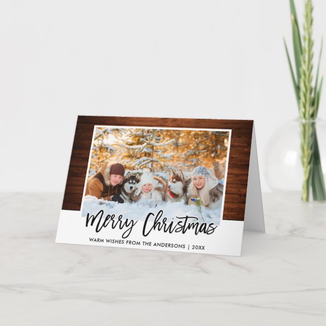 Brush Script Rustic Wood Family Photo Christmas Holiday Card (Front)