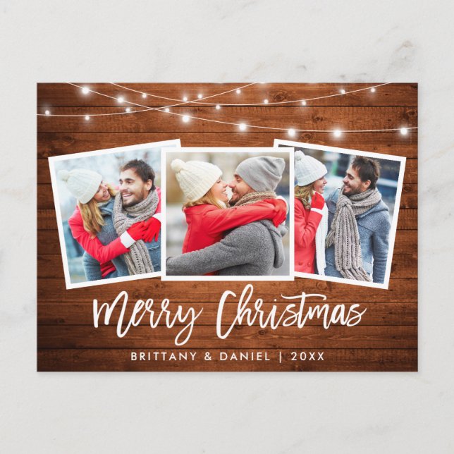 Brush Script Rustic Wood Lights Christmas 3 Photo Postcard (Front)