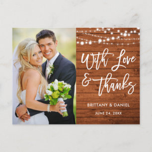 Brush Script Rustic Wood Love and Thanks Wedding Postcard