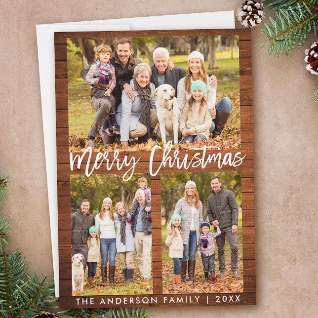 Brush Script Rustic Wood Merry Christmas Photo Holiday Card (Customize to add text to back of card.)