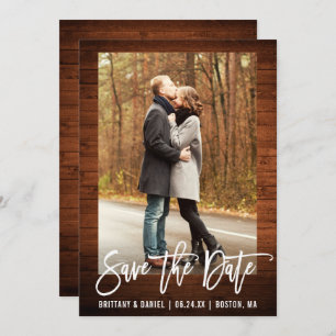 Brush Script Rustic Wood Photo Save The Date Card