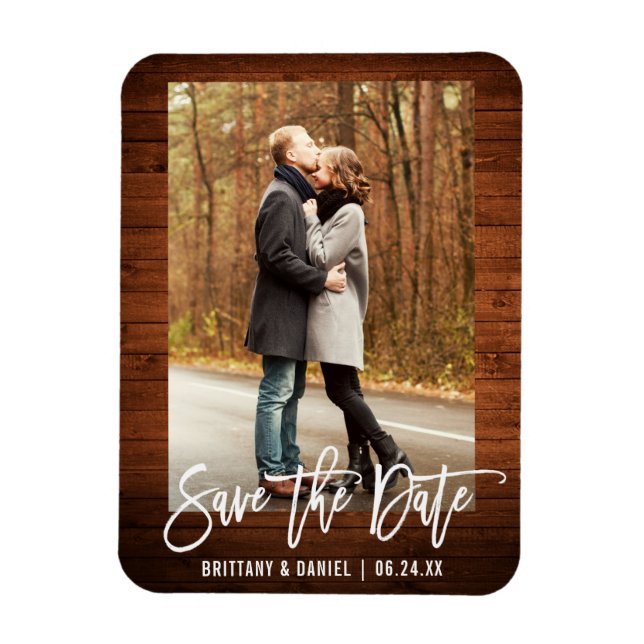 Brush Script Rustic Wood Photo Save The Date Magnet (Vertical)
