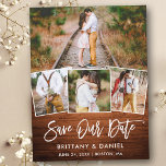Brush Script Rustic Wood Save Our Date 4 Photo Postcard<br><div class="desc">Modern Brush Script Rustic Wood 4 Photo Save Our Date Postcard</div>