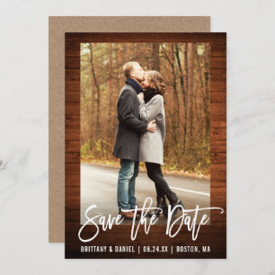 Brush Script Rustic Wood Save The Date Kraft Card
