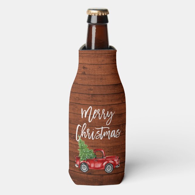 Brush Script Rustic Wood Truck Christmas Bottle Cooler (Bottle Front)