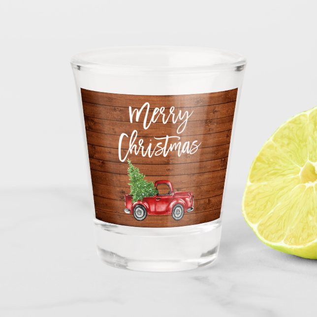 Brush Script Rustic Wood Vintage Truck Christmas Shot Glass (Front)