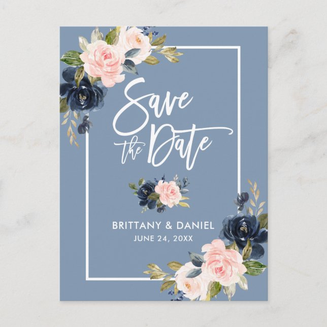 Brush Script Save the Date Dusty Blue Pink Floral Announcement Postcard (Front)