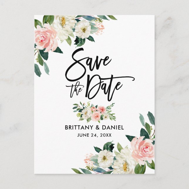 Brush Script  Save the Date Pink White Floral Announcement Postcard (Front)
