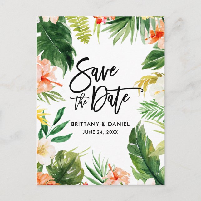 Brush Script Save the Date Tropical Coral Floral Postcard (Front)