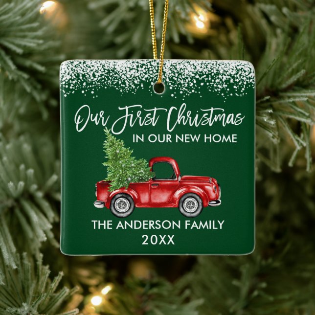 Brush Script Snow 1st Christmas Home Truck Green Ceramic Ornament (Tree)