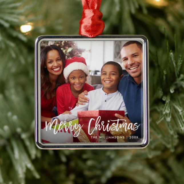 Brush Script Star Merry Christmas Family Photo Metal Ornament (Tree)