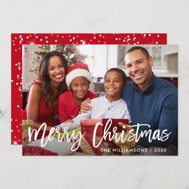 Brush Script Star Merry Christmas Photo Red Card (Front/Back)