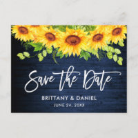 Brush Script Sunflowers Blue Wood Save the Date