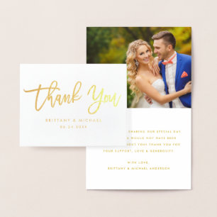 Brush Script Thank You Wedding Photo Note Gold Foil Card