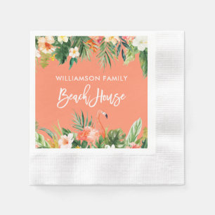 Brush Script Tropical Coral Beach House Cocktail Napkin