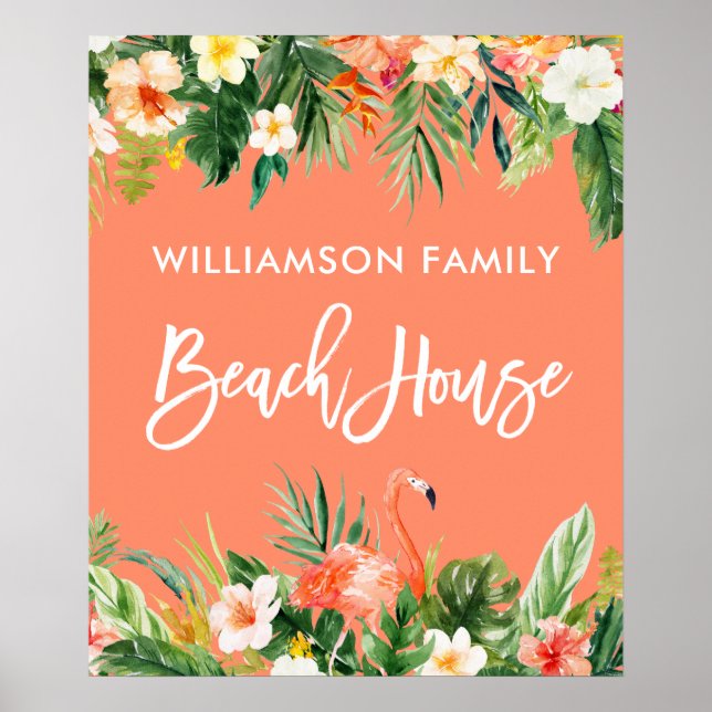 Brush Script Tropical Coral Floral Beach House Poster (Front)