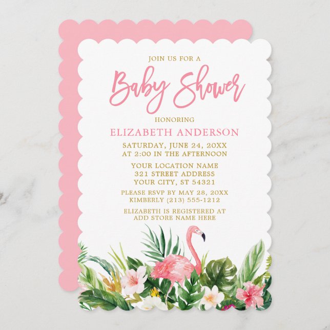 Brush Script Tropical Floral Baby Shower Gold Invitation (Front/Back)
