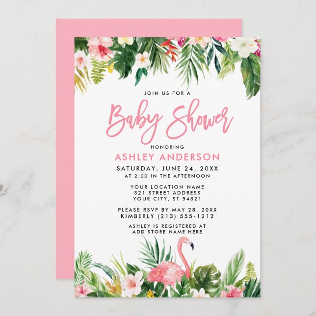 Brush Script Tropical Floral Baby Shower Invitation (Front/Back)