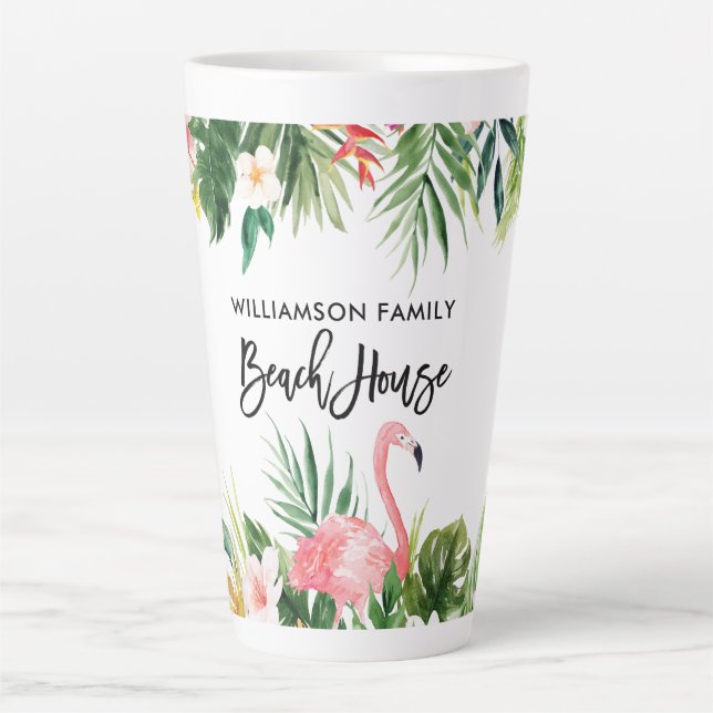 Brush Script Tropical Floral Beach House Large Latte Mug (Front)