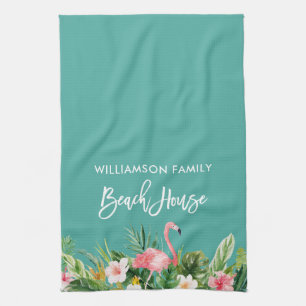 Brush Script Tropical Floral Beach House Tea Towel