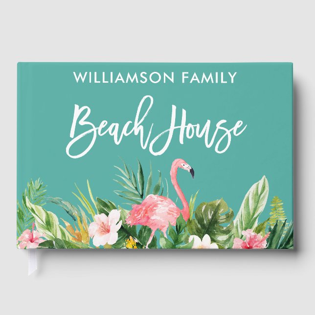 Brush Script Tropical Floral Family Beach House Guest Book (Front)