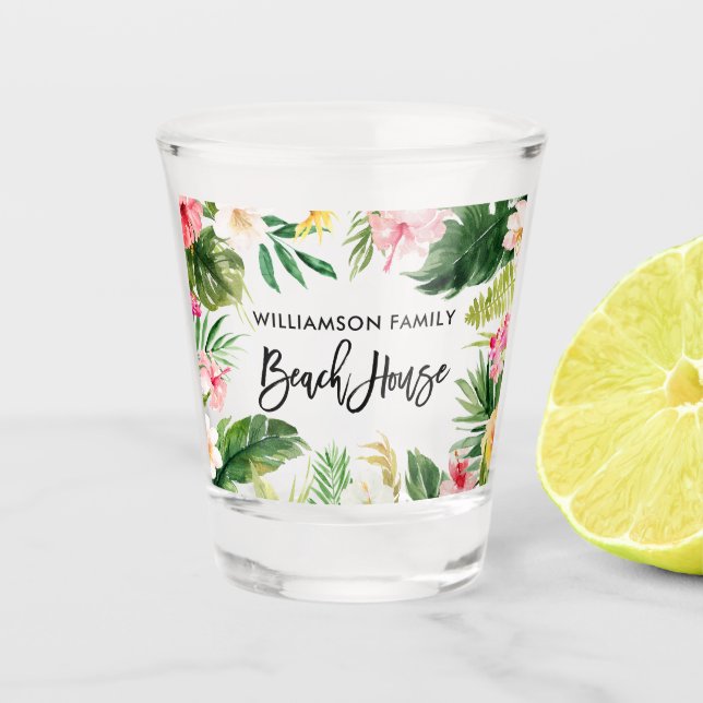 Brush Script Tropical Floral Greenery Beach House Shot Glass (Front)