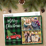 Brush Script Truck 2 Photo Christmas Green Plaid Postcard<br><div class="desc">Modern Brush Script Watercolor Vintage Red Truck with Christmas Tree - Merry Christmas Family 2 Photo Green Plaid Postcard</div>