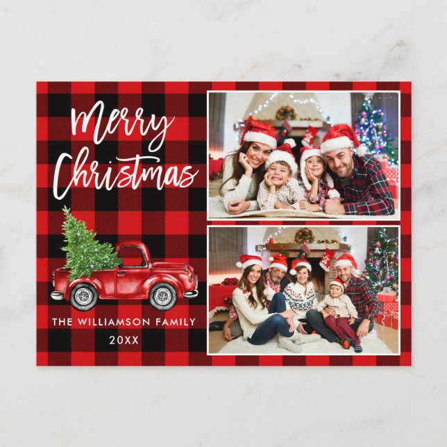 Brush Script Truck 2 Photo Christmas Red Plaid Postcard (Front)