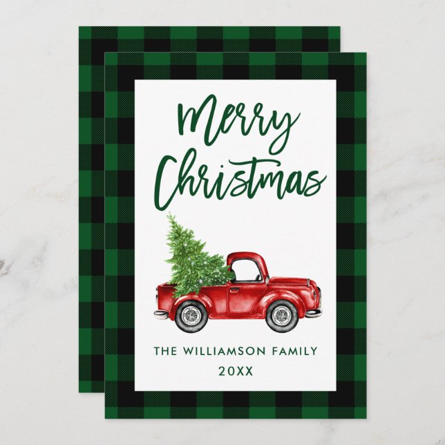 Brush Script Truck Green Plaid Christmas Card (Front/Back)