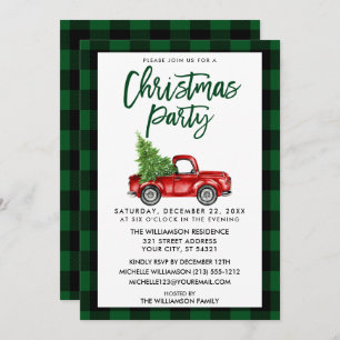 Brush Script Truck Green Plaid Christmas Party Invitation