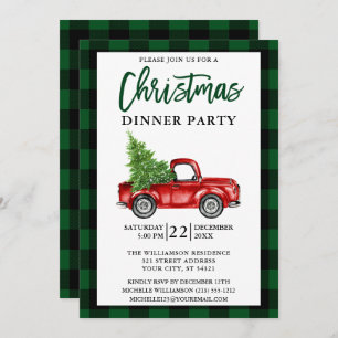 Brush Script Truck Green Plaid Christmas Party Invitation