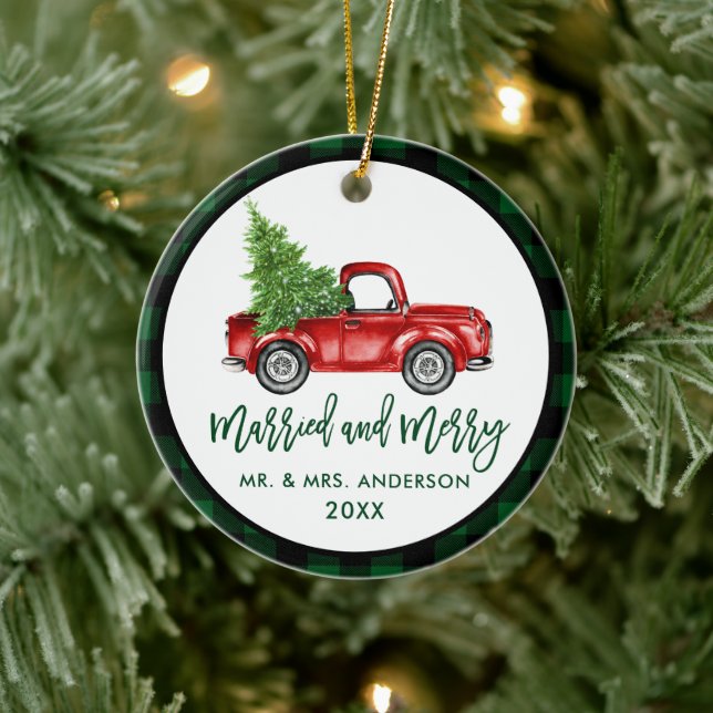 Brush Script Truck Green Plaid Married Merry Ceramic Ornament (Tree)