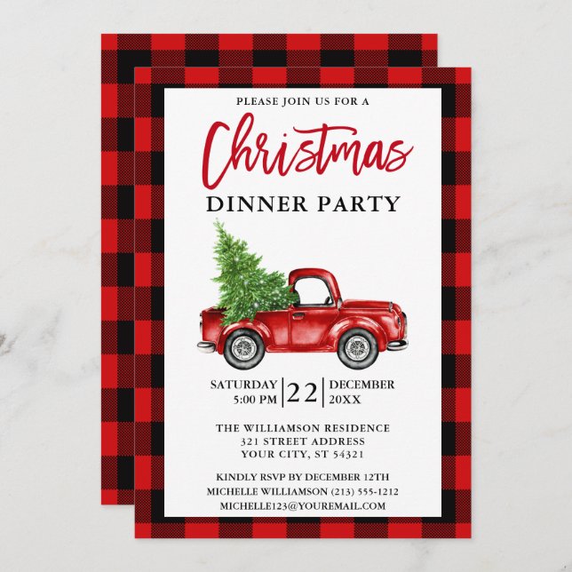 Brush Script Truck Red Plaid Christmas Party Invitation (Front/Back)