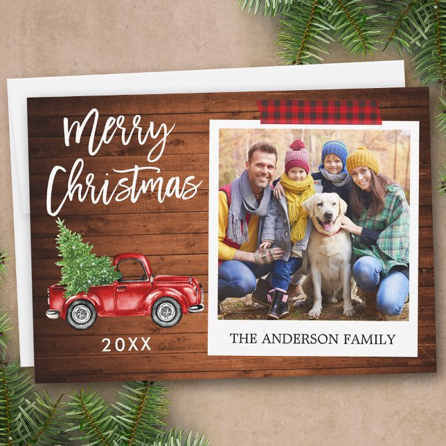 Brush Script Truck Wood Craft Tape Instant Photo Holiday Card (Customize to add text or more photos to back of card.)