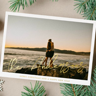 Brush Script Typography Family Name Photo Gold Foil Holiday Card