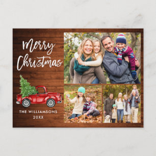 Brush Script Vintage Truck 3 Photo Christmas Wood Postcard