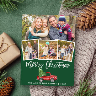 Brush Script Vintage Truck Christmas 4 Photo Green Postcard