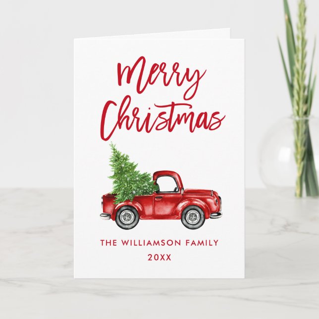 Brush Script Vintage Truck Christmas Red Fold Holiday Card (Front)