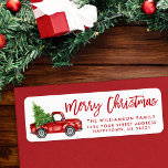 Brush Script Vintage Truck Christmas Red Return Address Label<br><div class="desc">Brush Script Watercolor Vintage Red Truck with Christmas Tree - Merry Christmas Family Return Address Label</div>
